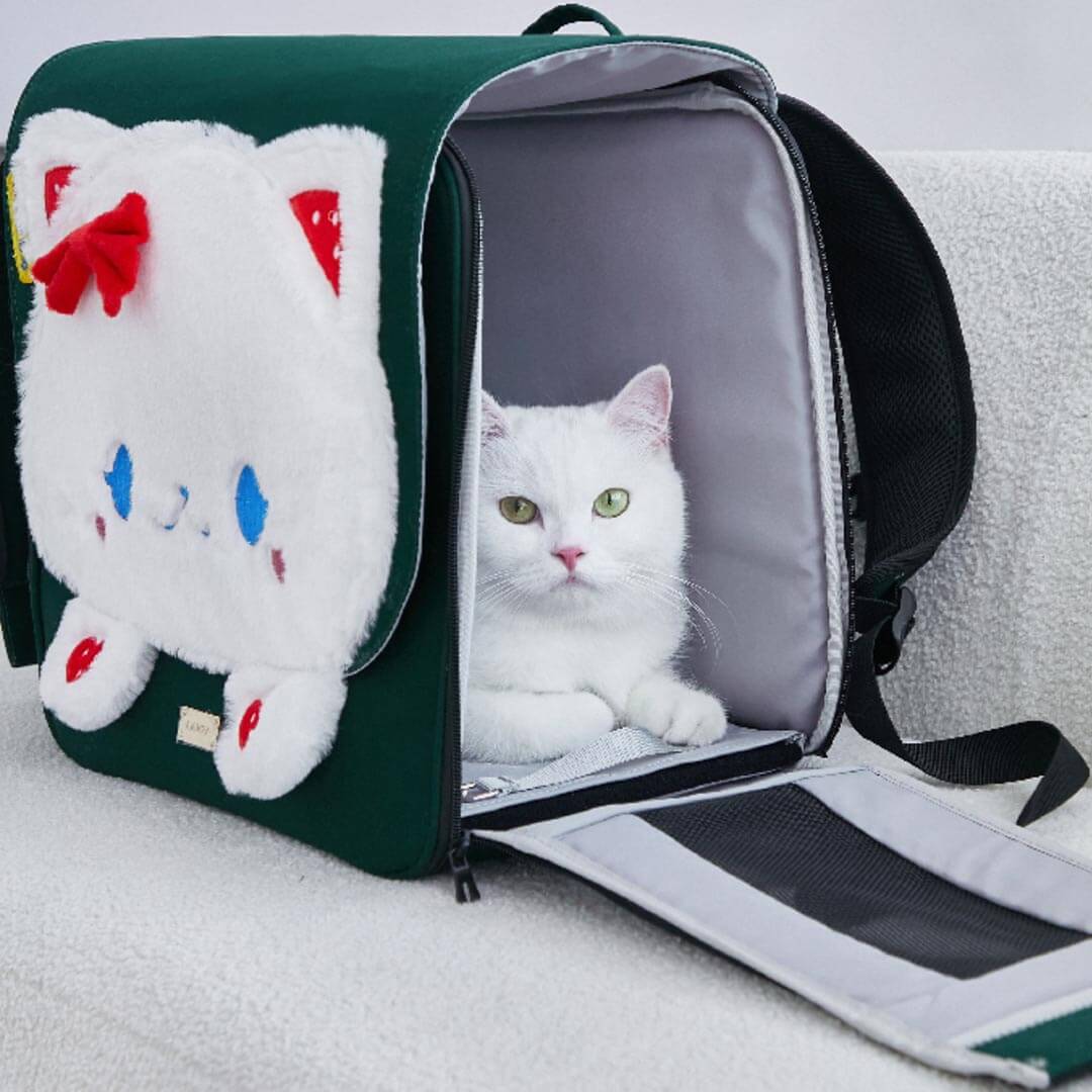 White Cat in Green Arkika Whiskers Wonders Cat Backpack | MissyMoMo