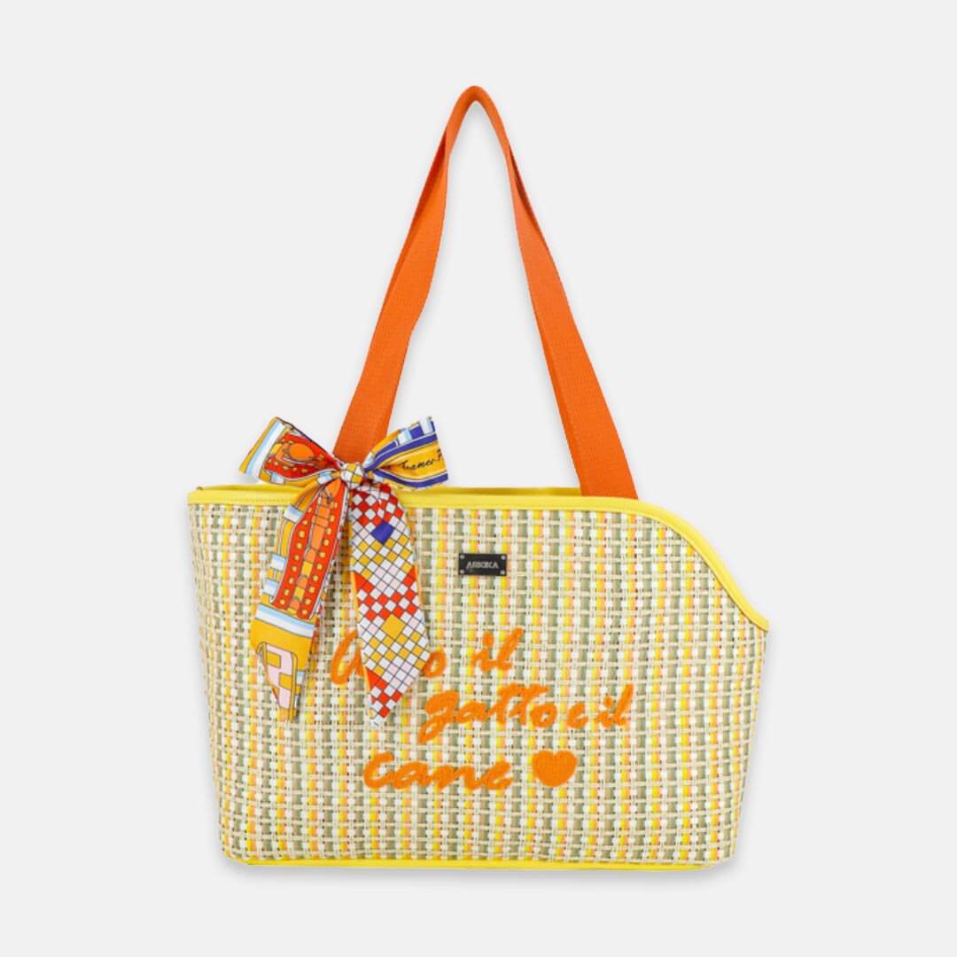 Arkika Woven Cat Carrier With Orange Handles and Printed Scarf | MissyMoMo