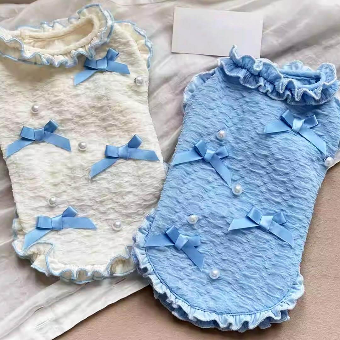 Blue And White Ruffled Bow Cat Vests | Cute Cat Vests With Bows | MissyMoMo