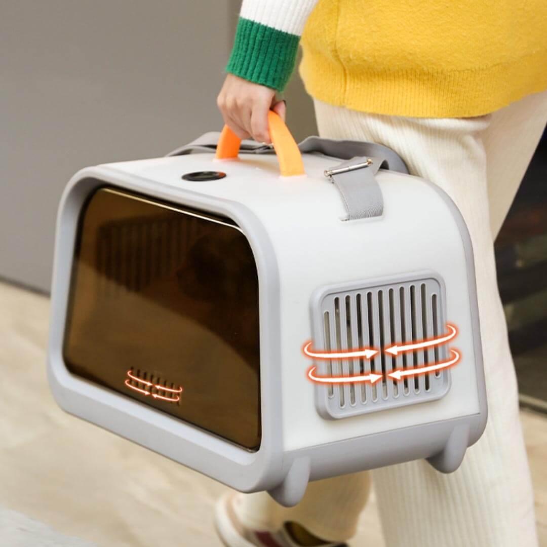 Carrying Grey Castle Cat Carrier by Handle | MissyMoMo