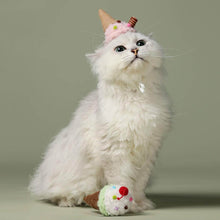 Load image into Gallery viewer, Cat Wearing Ice Cream Birthday Hat Sitting Next to Plush Cone Toy | MissyMoMo
