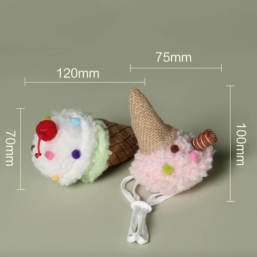 Plush Ice Cream Catnip Toy and Matching Cat Hat with Dimensions | MissyMoMo