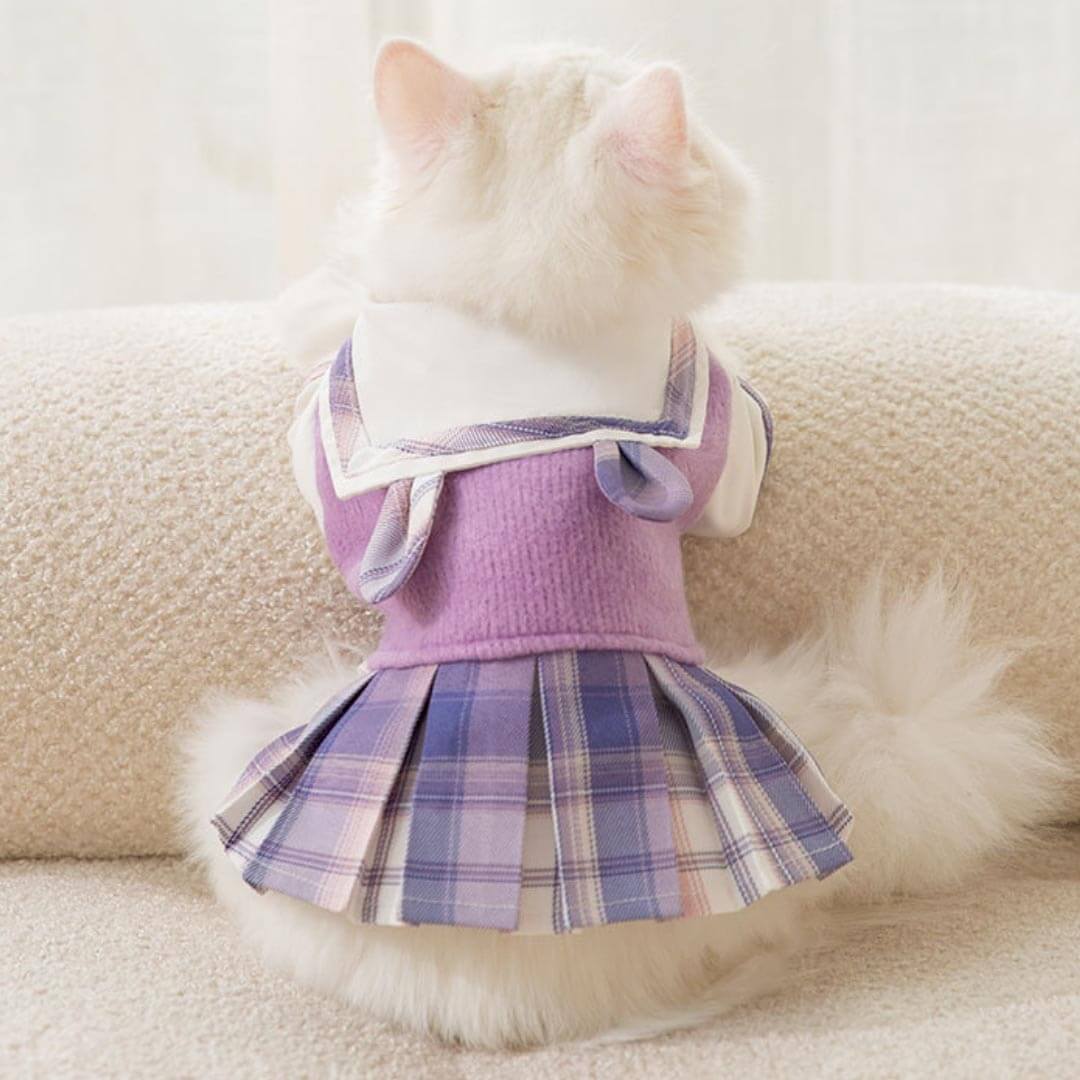 Hana Cat Dress | Cat in Purple Plaid Dress | MissyMoMo