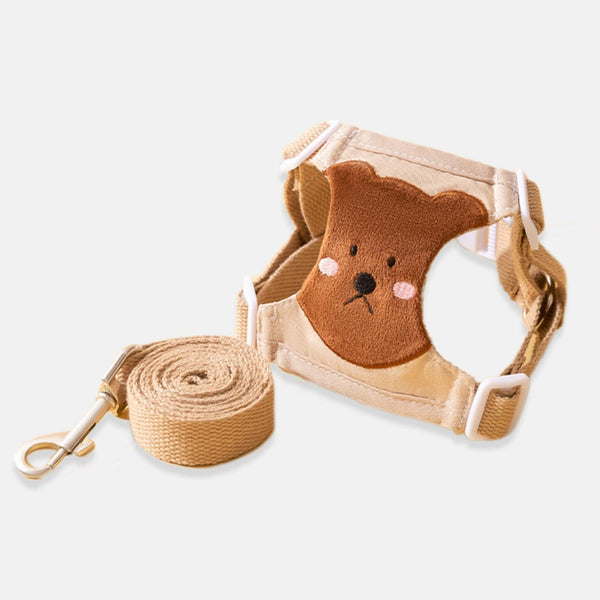 Lolly Cat Harness & Leash Set In Beige With Embroidered Bear Design | MissyMoMo