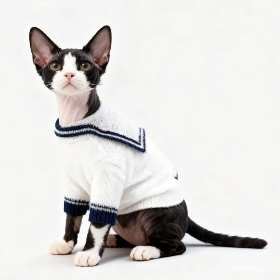 Hairless Cat in White Sailor Cat Cardigan | Nautical Cat Sweater | MissyMoMo