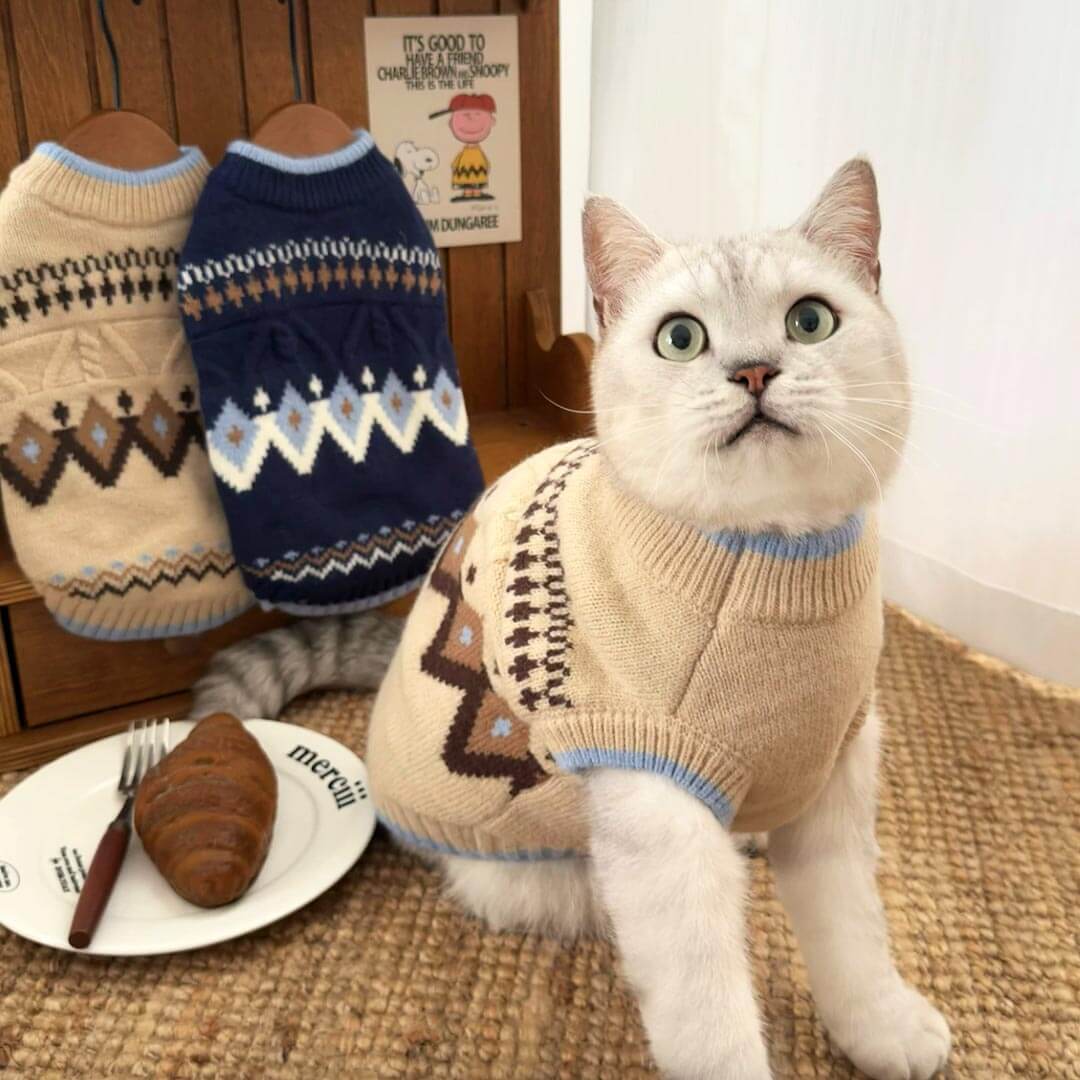 Cat Wearing Fair Isle Beige Cat Sweater | Stretch Knit Cat Sweater | MissyMoMo