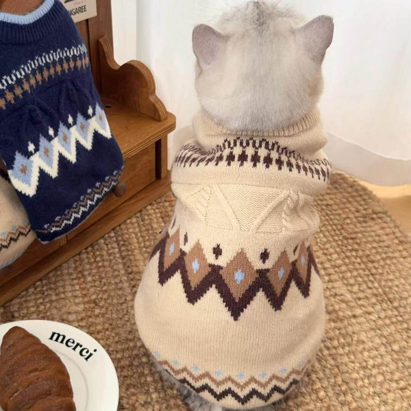 Cat in Fair Isle Beige Cat Sweater | Warm Cat Sweater | MissyMoMo