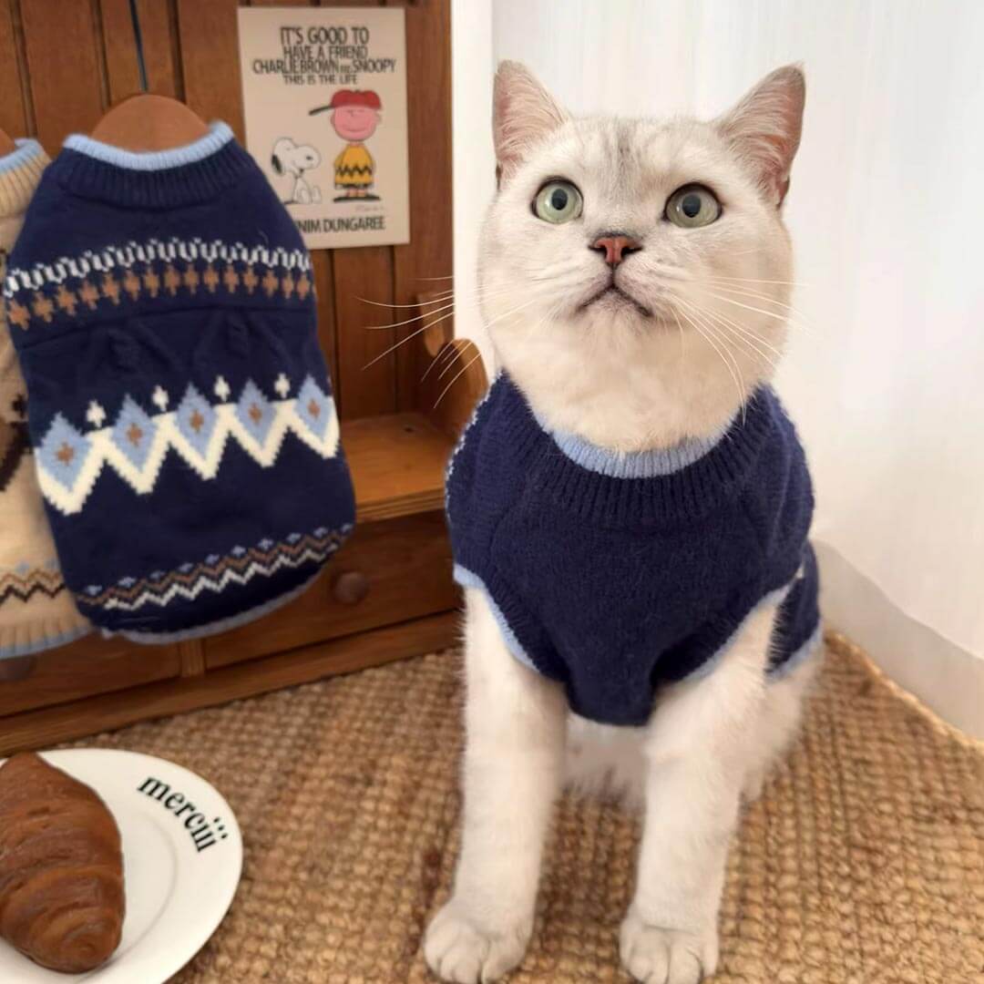 Cat in Fair Isle Navy Cat Sweater | Knitted Cat Jumper | MissyMoMo