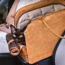 Load image into Gallery viewer, Black Cat Sitting in Brown Leather Cat Car Seat Carrier | MissyMoMo

