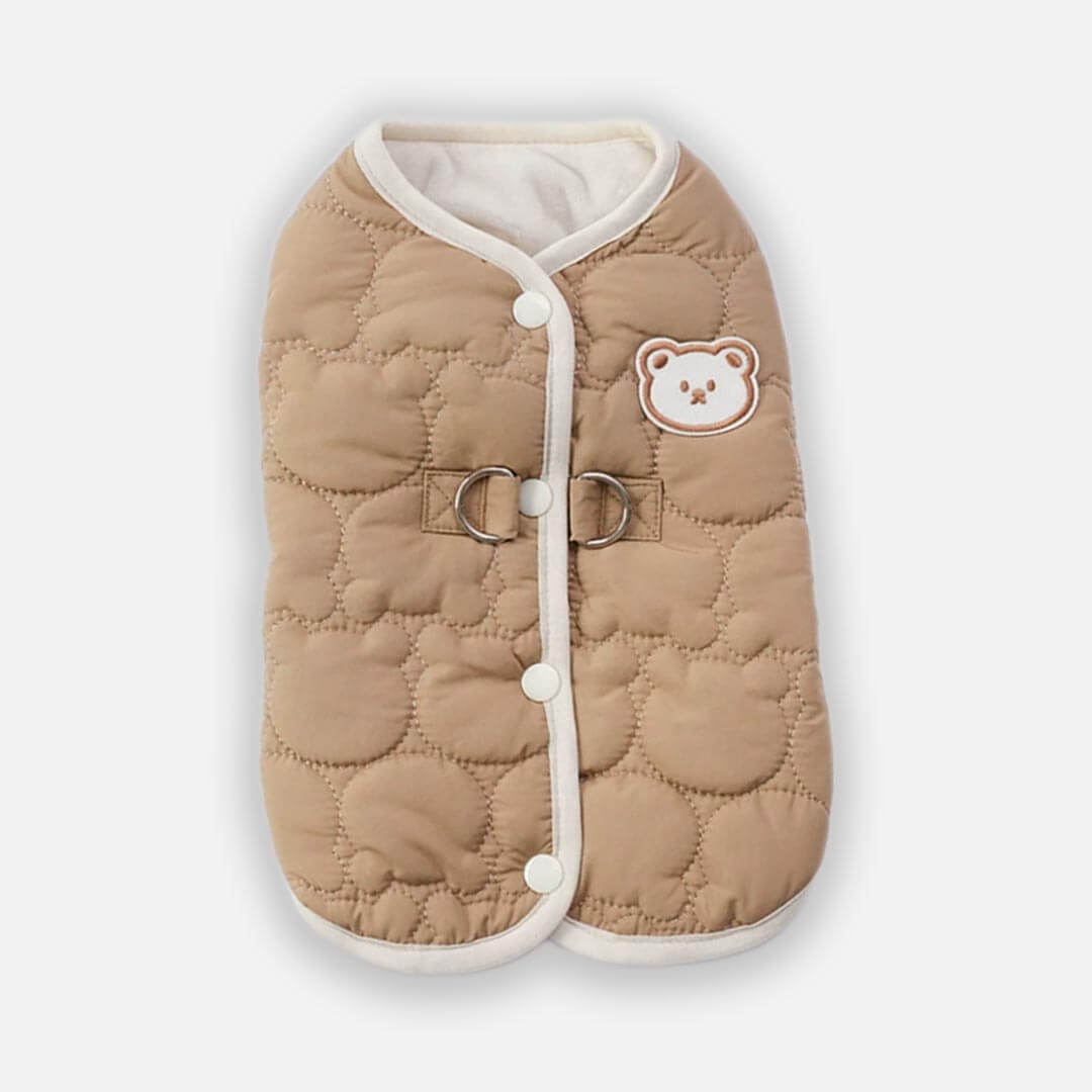 Brown Quilted Cat Jacket With Bear Patch | Cute Cat Winter Vest | MissyMoMo