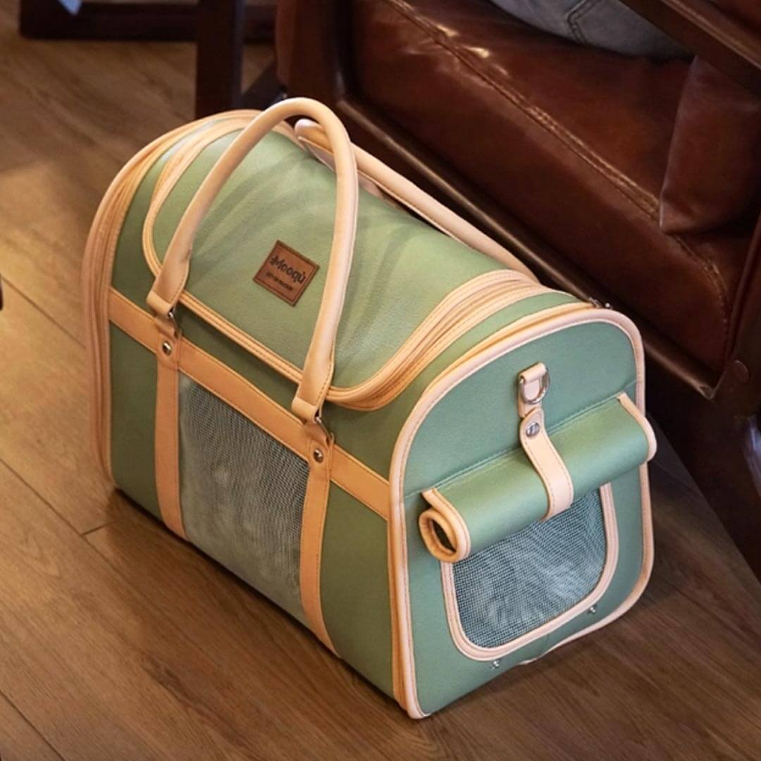 Cat Resting Comfortably Inside Vented Leather Cat Carrier | MissyMoMo