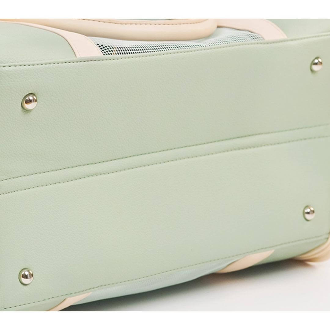 Base of Green Leather Cat Carrier with Protective Metal Feet | MissyMoMo