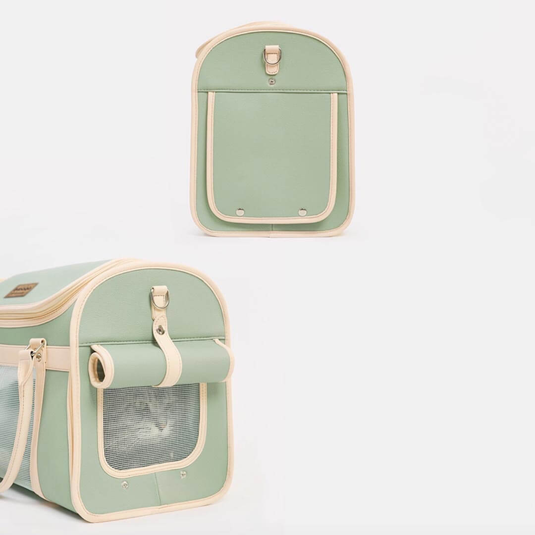 Roll-Up Privacy Flap of Green Leather Cat Carrier | MissyMoMo
