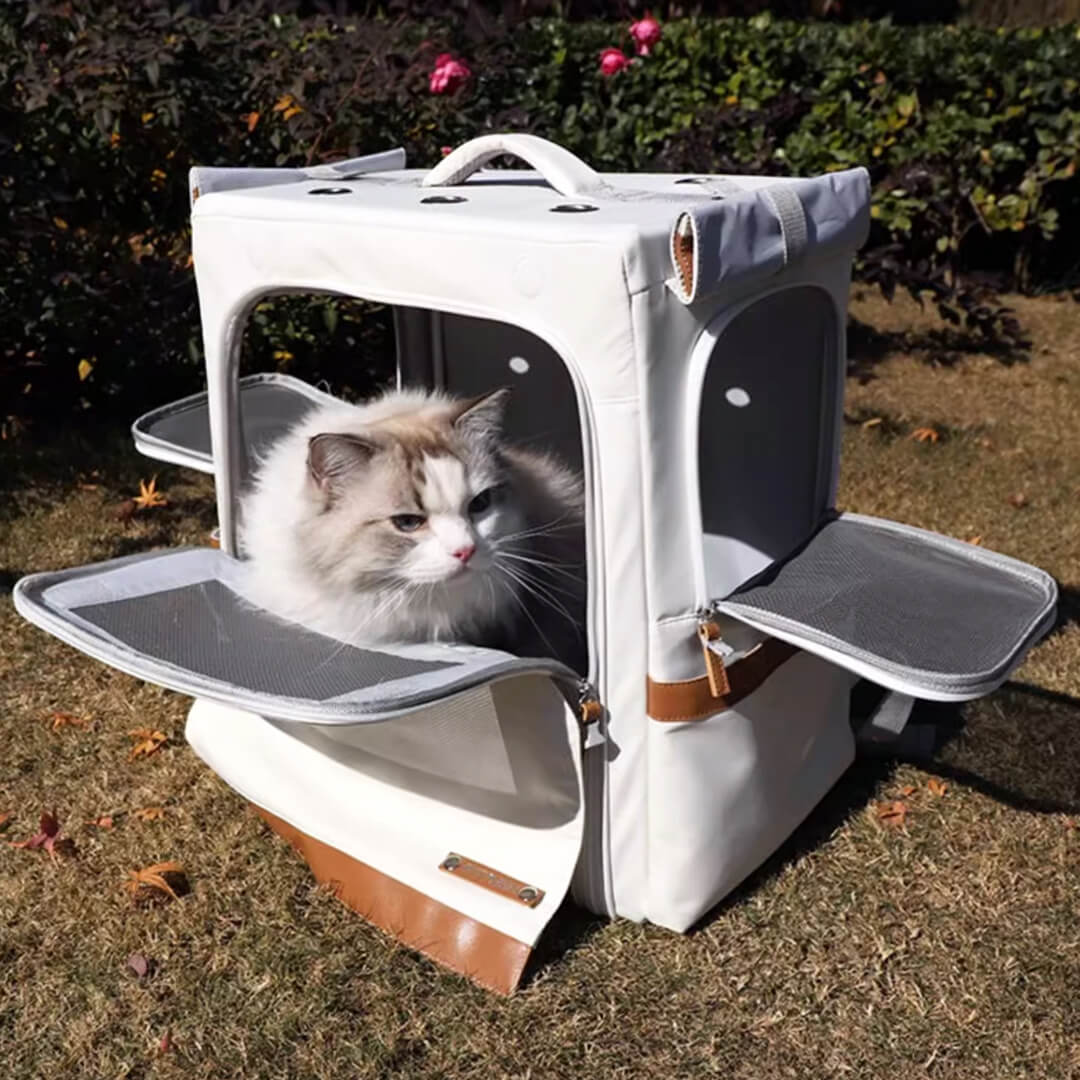 Cat Inside Beige Collapsible Leather Cat Traveling Backpack | MissyMoMo