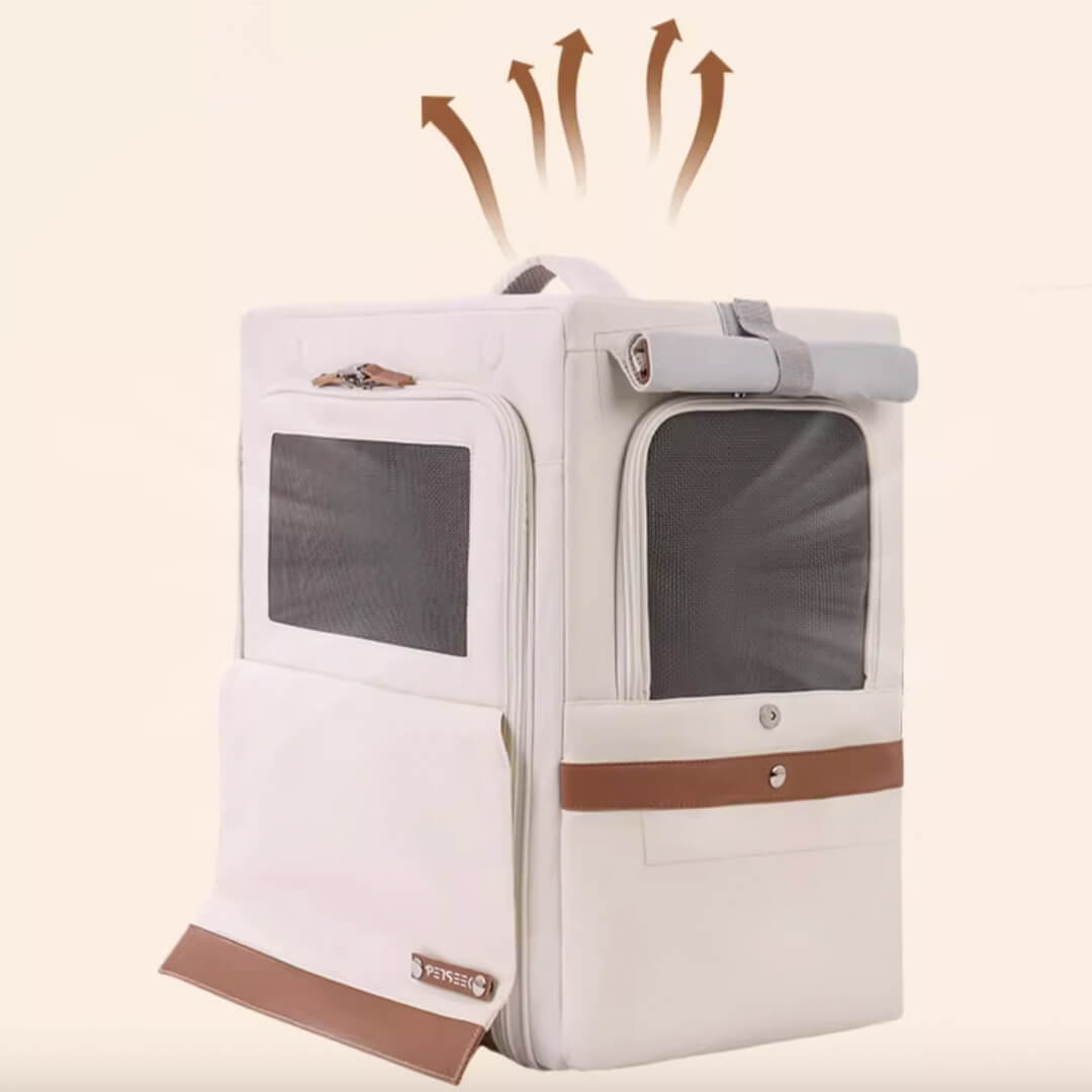 Breathable Mesh of Beige Collapsible Leather Cat Traveling Backpack | MissyMoMo