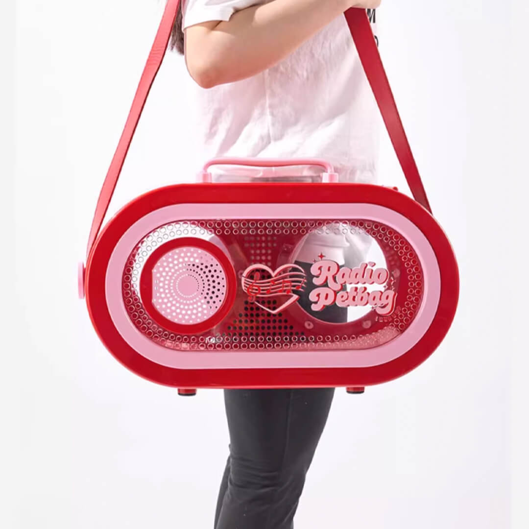 Carrying RadioMoMo Vintage Retro Red Hard Cat Carrier on Shoulder | MissyMoMo