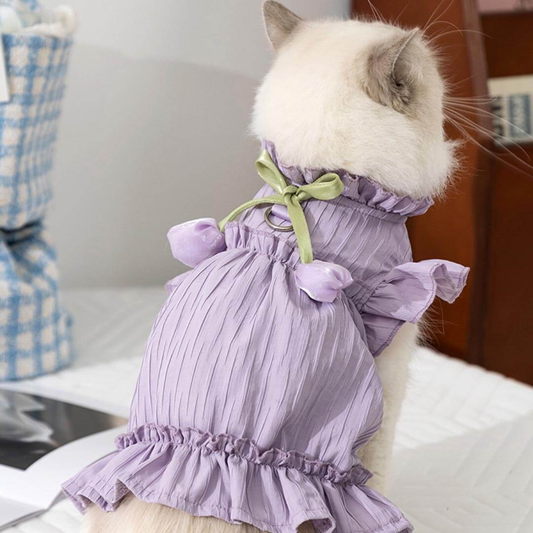 Cat in Purple Tulip Cat Dress | Cute Ruffle Cat Clothes | MissyMoMo