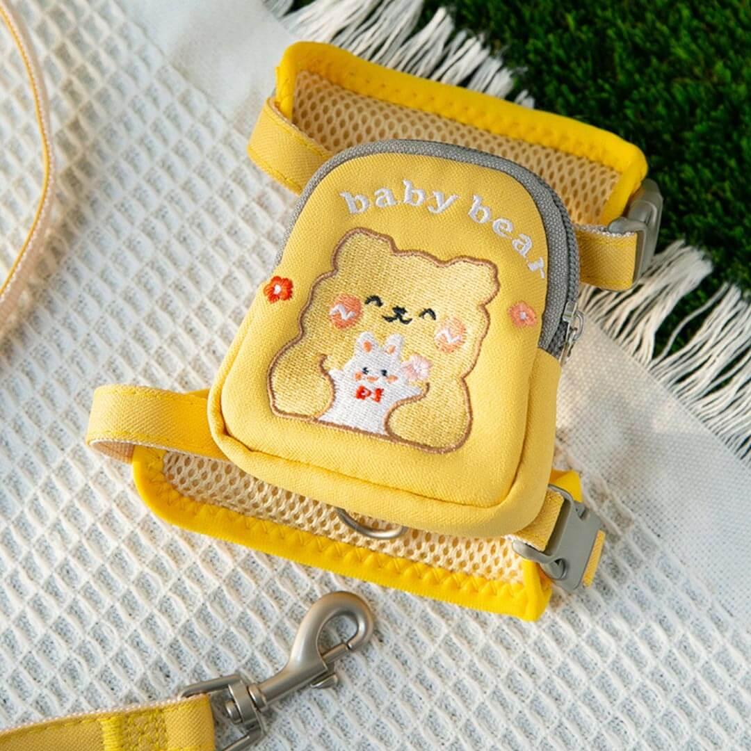 Milo Cat Harness & Leash Set In Yellow With Bear Design | MissyMoMo