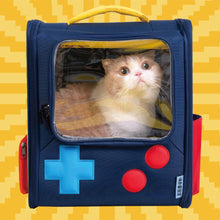 Load image into Gallery viewer, Cat inside PurLab Gameboy Cat Backpack with Privacy Flap Open